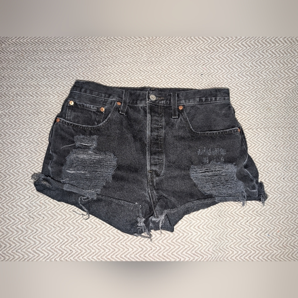 High-Waist Black Distressed Denim Shorts - Women